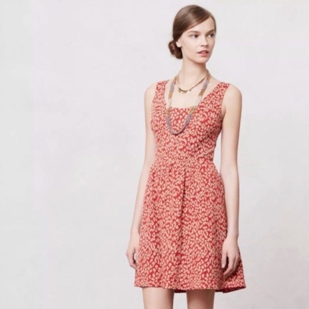 Anthropologie Maeve Red and Tan Animal Print "Caldera" Dress